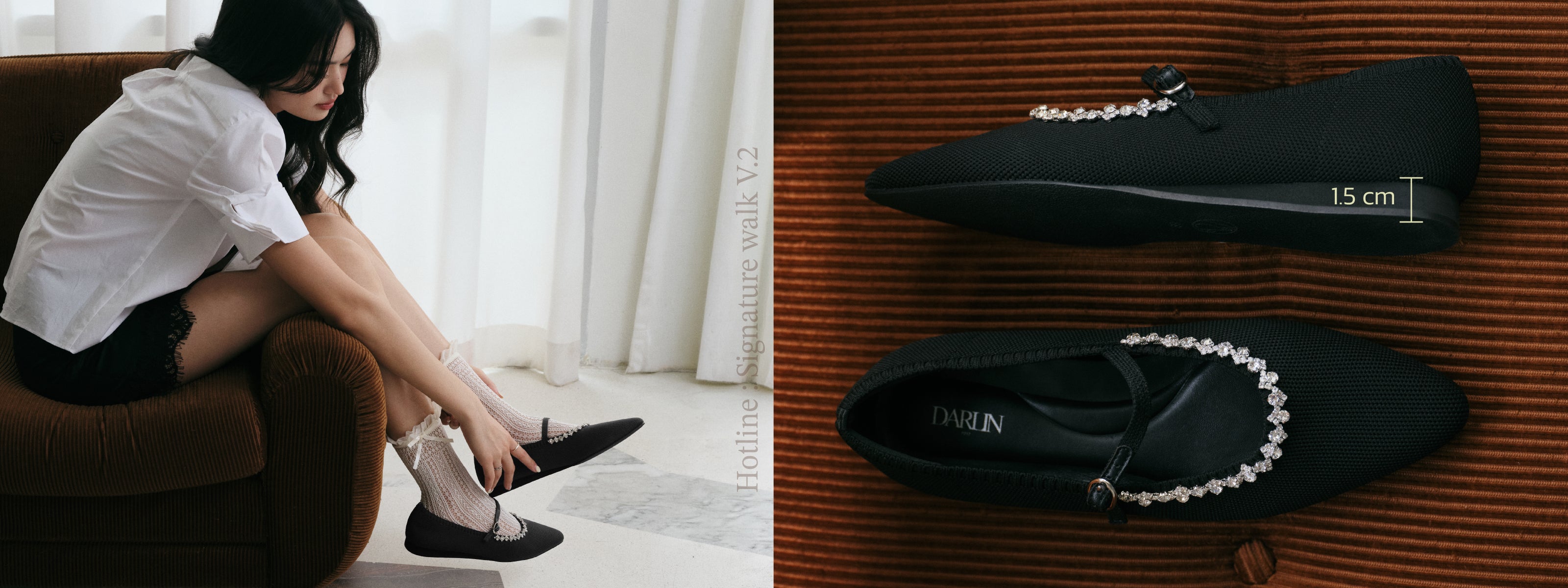 DARLIN Signature Walk — รองเท้าคัชชูส้นเตี้ยสีดำ ประดับเพชร Signature เย็บด้วยมือ