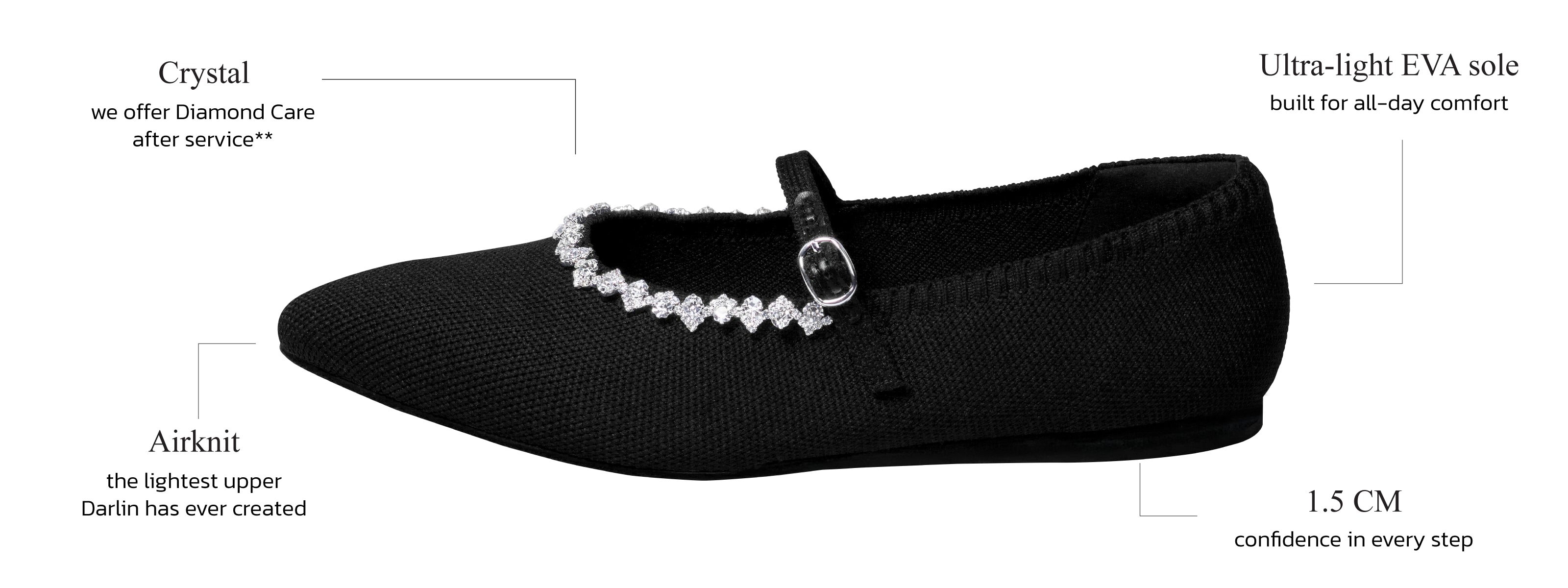 DARLIN Signature Walk — รองเท้าคัชชูส้นเตี้ยสีดำ ประดับเพชร Signature เย็บด้วยมือ